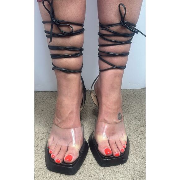 🪀NEW FREE PEOPLE CAMILLA BLACK LEATHER LACEUP LEG -VINYL BASE -4” HEEL 39 SEXY - Picture 3 of 9